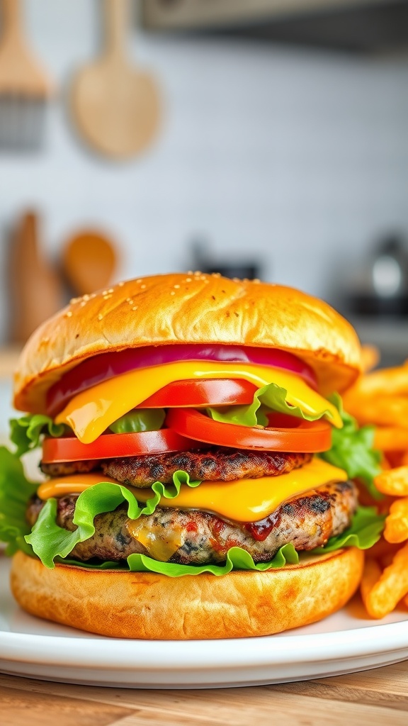 Juicy air fryer hamburger patty on a bun with lettuce, tomato, and cheese, served with fries.